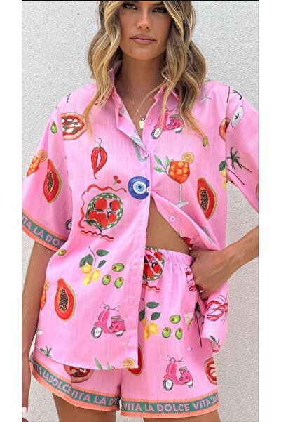 GREY KADIN PEMBE ŞORT GÖMLEK İKİLİ TAKIM