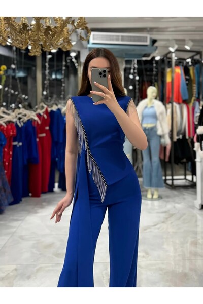 Zoe Zoe Tereza Side Tied Chain Stone Detailed Jumpsuit-Sax Blue