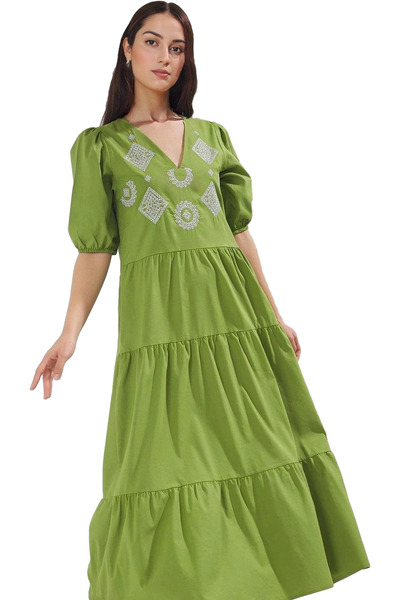 PayBuy فستان نسائي طويل مطرز من قماش تيري قطني ورقبة على شكل حرف V، يومي صيفي...