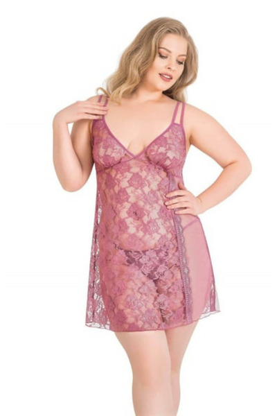 Bleu Petite Plus Size Flower Pattern Women's Tulle Nightgown Panty Set