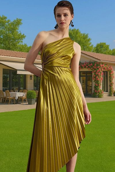 PayBuy Women's One Shoulder Pleated Midi Dress Satin Knitted Asymmetrical Collar Daily Use for Special Occasions
