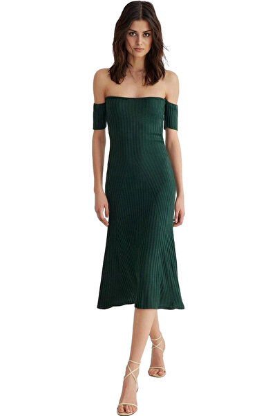 PayBuy فستان تريكو نسائي متوسط ​​الطول بياقة كارمن على شكل حرف A، أنيق للاستخ...