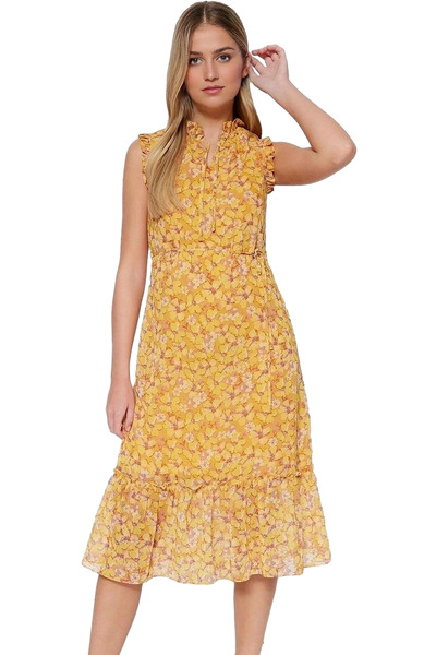 PayBuy Kadın Çiçek Desenli A Kesim Midi Şifon Elbise Astarlı Dik Yaka Yazlık ...