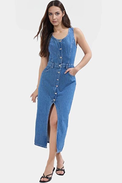 PayBuy Γυναικείο τζιν μίντι φόρεμα αμάνικο γιακά πισίνας βαμβακερό καθημερινό...