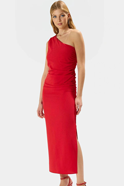 PayBuy Women's One Shoulder Midi Dress Gathered Detail Soft Crepe Fabric Daily and Special Occasions Modern Design