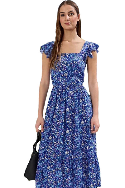 PayBuy Kadın Çiçek Desenli A Kesim Midi Elbise Viskoz Kumaş Rahat Yazlık Günl...