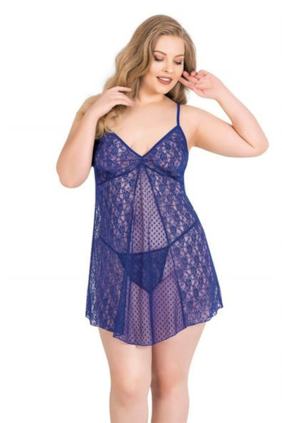 Bleu Petite Plus Size Flower Pattern Women's Tulle Nightgown Panty Set