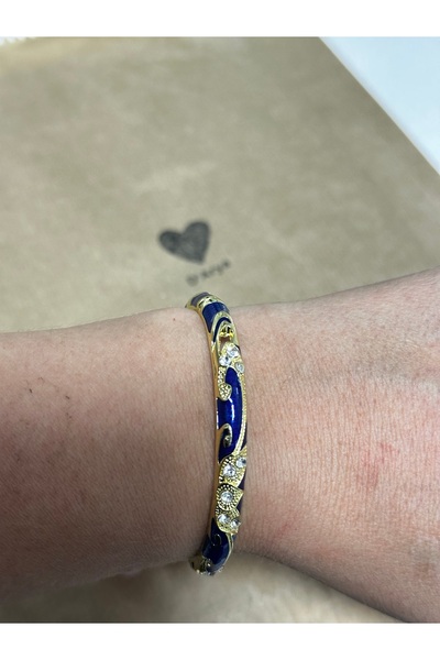 Darya Navy Blue Stone Gold Enamel Steel Handcuff Bracelet – Vintage Women's B...
