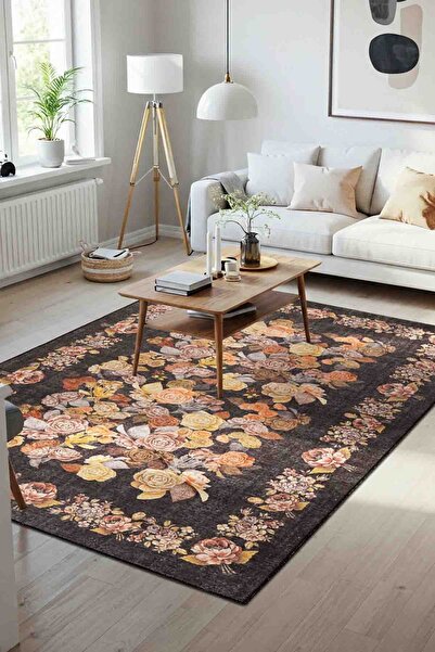 ARTLOOP Florart Siyah Vintage Dokulu Gül Desenli Dokuma Tabanlı Çiçekli Şönil Halı AL 484