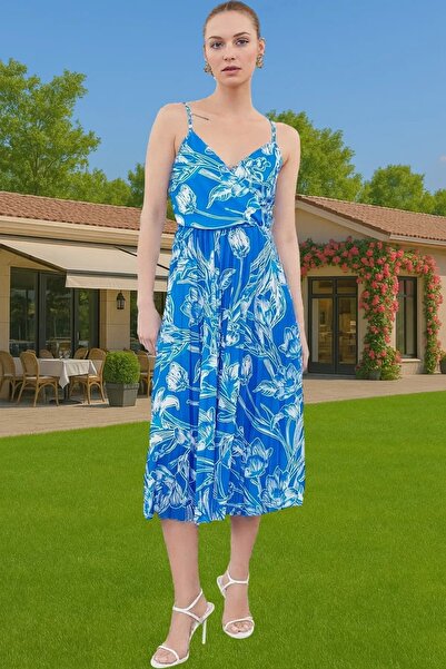 PayBuy Women's Pleated Midi Dress Floral Print V Neck Thin Strap Summer Casual Summer Essential
