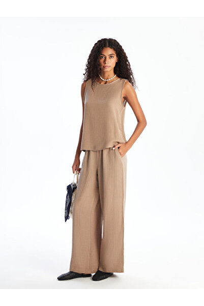 LC Waikiki Brown Textured Women's Trousers with Elastic Waist