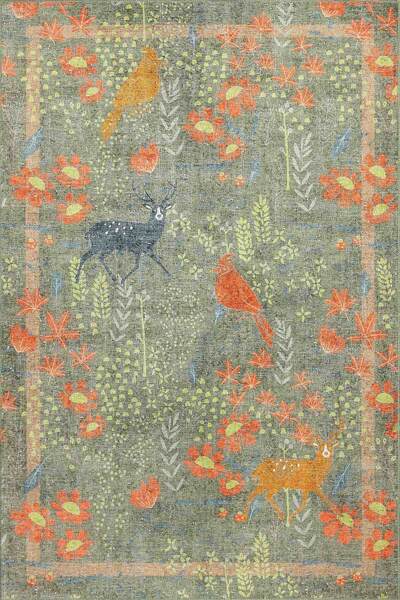 ARTLOOP Florart Zeytin Yeşili / Turuncu Doğa Temalı Çiçekli Dokuma Tabanlı Modern Şönil Halı AL 483