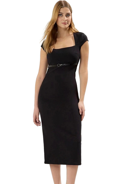 PayBuy Rochie midi de damă cu centură guler pătrat mâneci scurte țesătură țesătură Material durabil pentru afaceri și zilnic