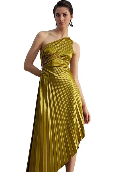 PayBuy Women's One Shoulder Pleated Midi Dress Satin Knitted Asymmetrical Collar Daily Use for Special Occasions