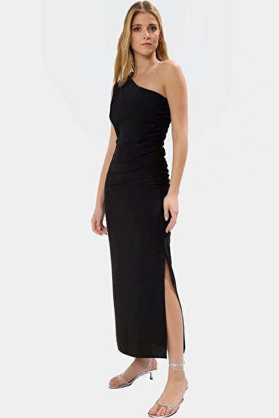 PayBuy Women's One Shoulder Midi Dress Gathered Detail Soft Crepe Fabric Daily and Special Occasions Modern Design