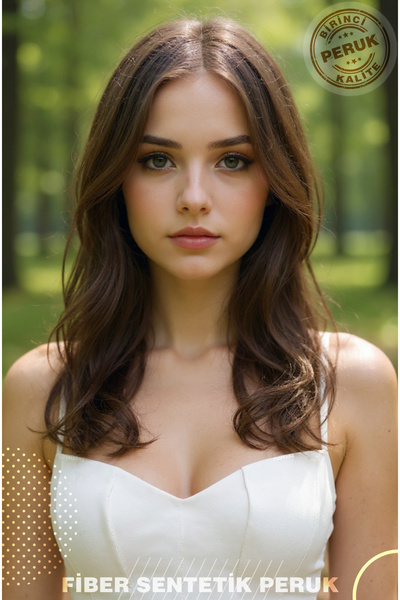 KONAK PERUK Katlı Kesim Perçemli Orta Boy Düz Fiber Sentetik Peruk - Kahverengi