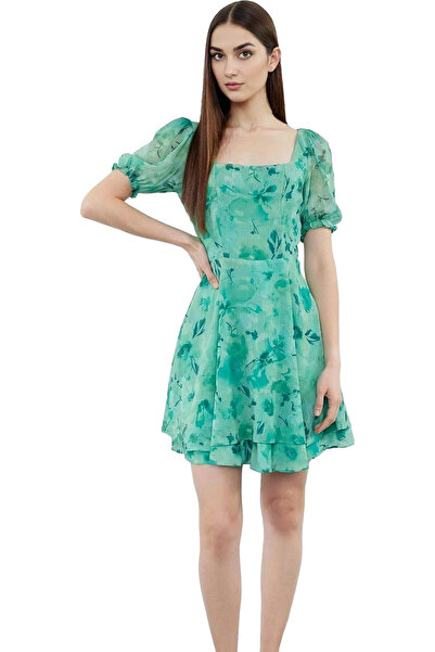 PayBuy Mini rochie din șifon pentru femei, mâneci balon, guler pătrat, căptuș...