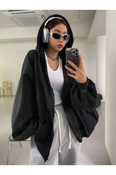 savuar Black Duz Zipper Hooded Cardigan Sweatshirt