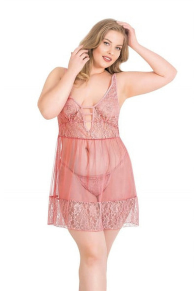 Bleu Petite Plus Size Women's Lace Tulle Nightgown Panty Set