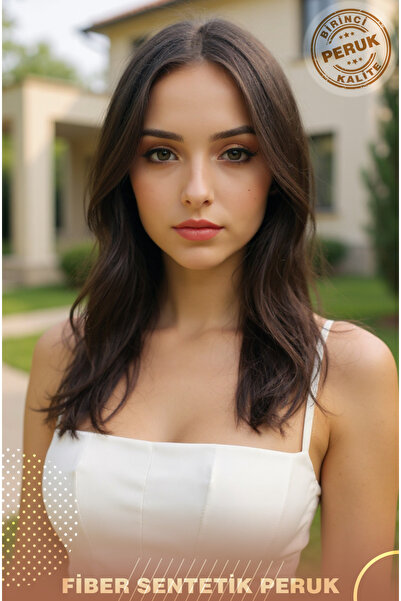KONAK PERUK Katlı Kesim Perçemli Orta Boy Düz Fiber Sentetik Peruk - Kumral