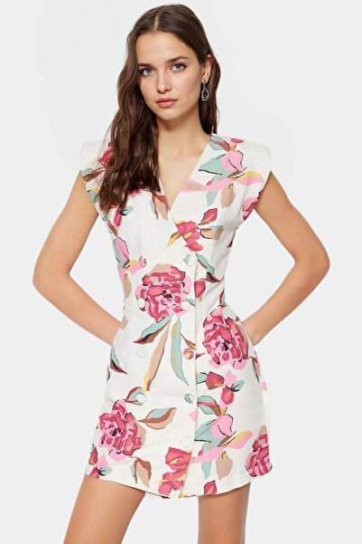 PayBuy Rochie mini-jachetă cu imprimeu floral pentru femei, cu decolteu în V, aspect de in, ocazional, combinații zilnice de vară
