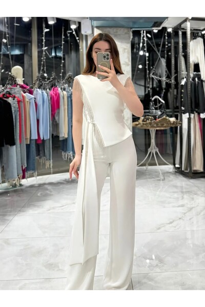 Zoe Zoe Tereza Side Tied Chain Stone Detailed Jumpsuit-Sax Blue