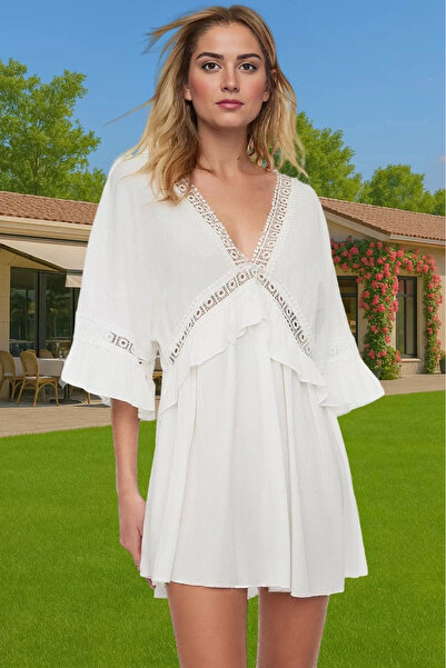 PayBuy Γυναικείο μίνι φόρεμα παραλίας με λαιμόκοψη V με μανίκια με πτύχωση, υ...