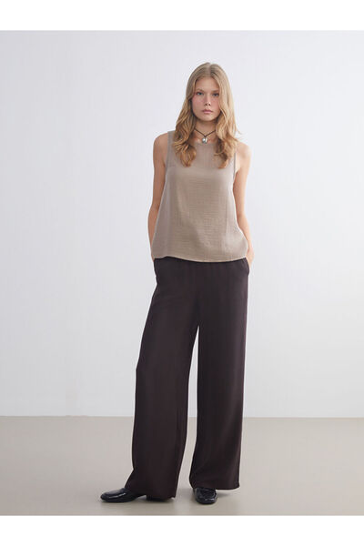 LC Waikiki Brown Wide Leg Women's Trousers with Elastic Waist