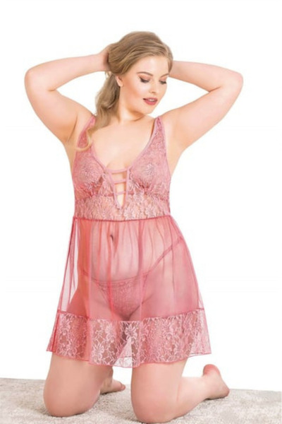 Bleu Petite Plus Size Women's Lace Tulle Nightgown Panty Set
