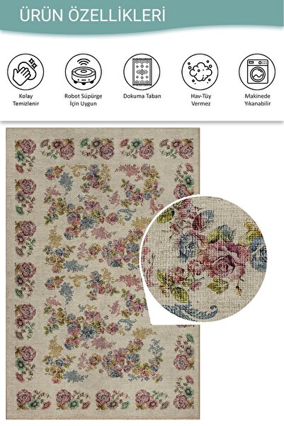 ARTLOOP Florart Krem / Çok Renkli Vintage Dokulu Doğa Temalı Çiçekli Dokuma Tabanlı Şönil Halı AL 489