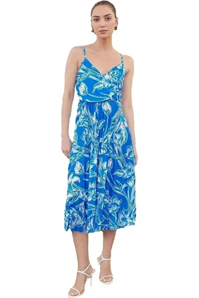 PayBuy Women's Pleated Midi Dress Floral Print V Neck Thin Strap Summer Casual Summer Essential