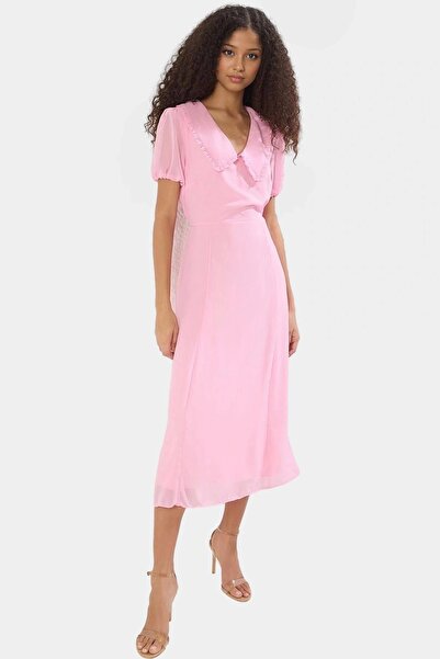 PayBuy Kadın Şifon A Kesim Midi Elbise Bebe Yaka Kısa Kollu Yazlık Günlük Yaz Aylarının Vazgeçilmezi