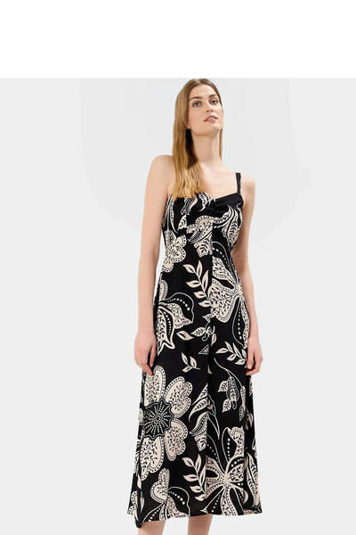 PayBuy فستان نسائي متوسط ​​الطول مزين بالزهور ورقبة على شكل حرف V، مثالي للصي...