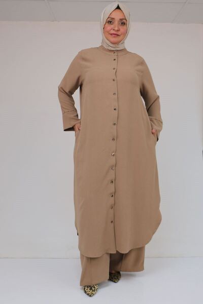 Eslina 57053 Large Size Crepe Suit with Skirt and Oval Trousers - Mink