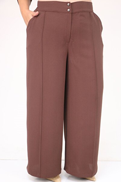 Eslina 57053 Large Size Crepe Suit with Skirt and Oval Trousers - Brown