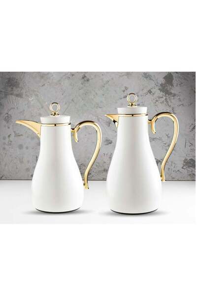 Generic Stainless Steel Thermos Set for Coffee and Tea - Elegant White and Gold Design