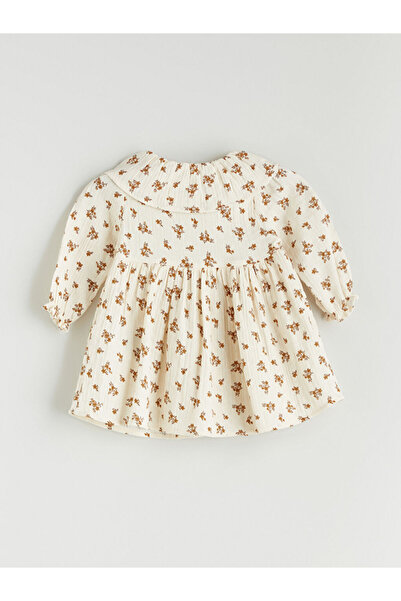 LC Waikiki Ekru Bebe Yaka Çiçekli Kız Bebek Müslin Elbise