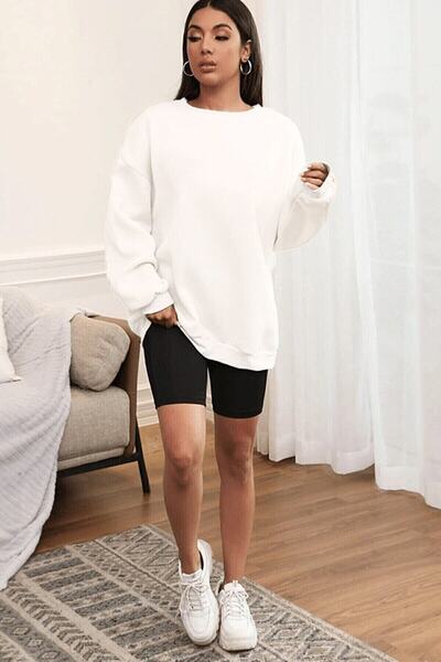 Pisa Art White Basic Crew Neck Unprinted Plain Oversize Loose Fit Fleece Sweatshirt