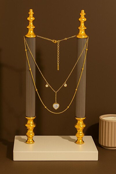 VATESTUGE قلادة من الفولاذ مكونة من طبقتين على شكل قلب وخرز