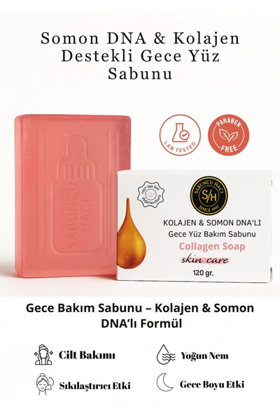 SABUNCU HACI SH SİNCE1997 Collagen Night Serum, Facial Care Soap with Kojic and Salmon Dna Anti-Aging Regenerating 120 Gr
