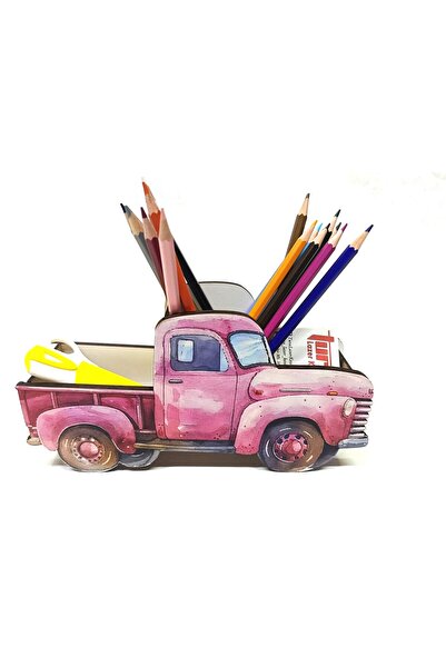 TuraLazerKesim Wooden Pink Classic Pickup Truck Desktop Pen Holder Pencil Cas...