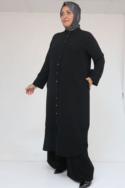 Eslina 57053 Large Size Crepe Suit with Skirt and Oval Trousers - Black