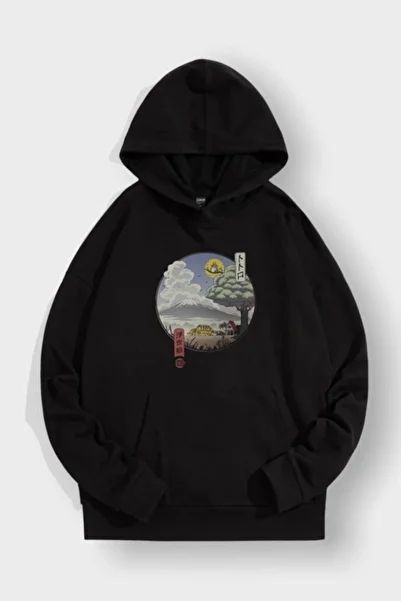 Pisa Art Black Hooded Japanese Written Landscape Sweatshirt