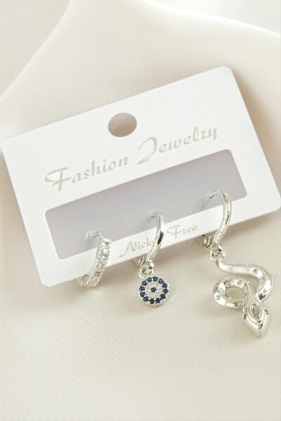 ZERO LAND Hn-Shop 3 Pcs Snake Zircon Stone Earrings-Silver Color