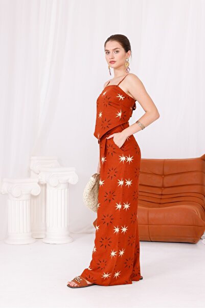 Pulli Collection Keten Kumaş Sırt Dekolteli Üst | Palazzo Pantolon