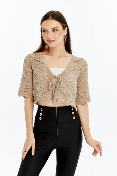MA ananas Women's Openwork Rope Tie Short Sleeve Cardigan