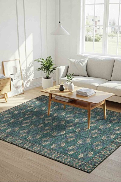 ARTLOOP Relic Yeşil / Mavi Vintage Dokulu Klasik Desenli Dokuma Tabanlı Şönil Halı AL 472