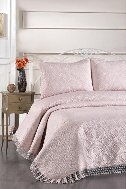 bursa çeyiz Maya Dantelli Kapitoneli Ultrasonik Çift Kişilik Yatak Örtüsü Pudra