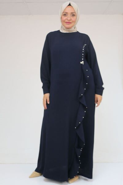 Eslina 52016 Plus Size Crepe Dress with Ruffles on the Front and Stone Detail - Navy Blue