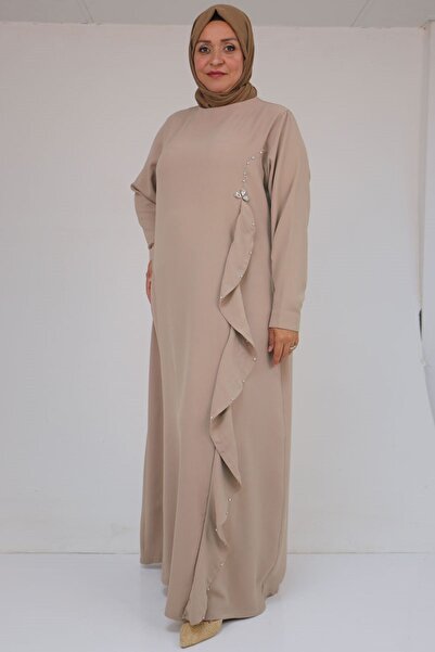 Eslina 52016 Plus Size Crepe Dress with Ruffles on the Front and Stone Detail - Beige